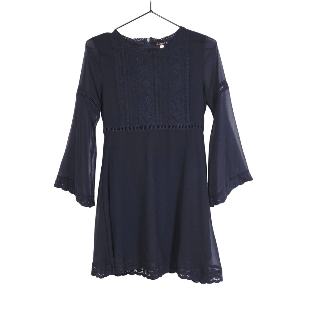Ella Moss Black Lace Bell Sleeve Mini Dress 12/M Boho Romance Whimsigoth Coastal